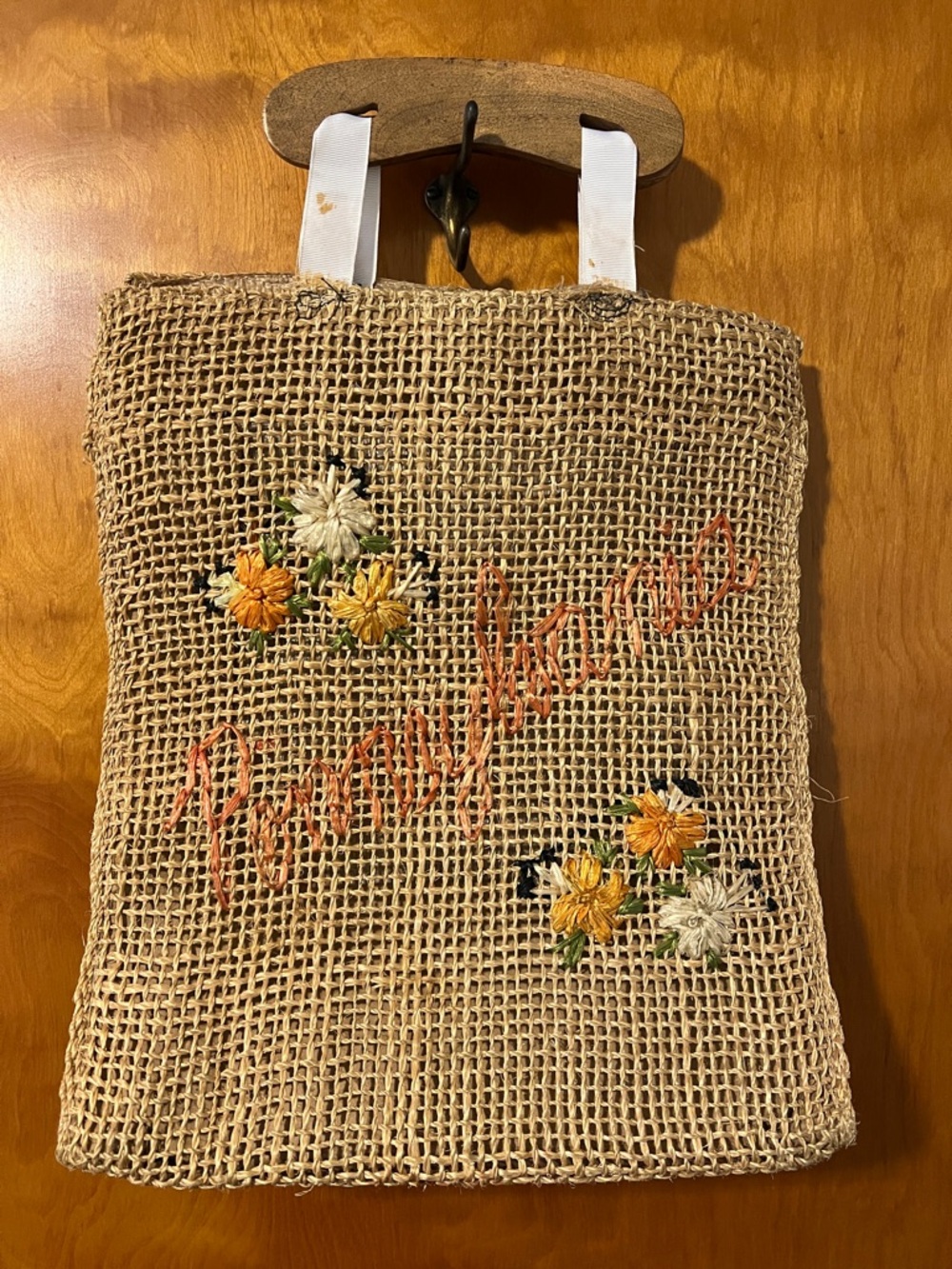 Vintage Embroidered “Pennsylvania” Burlap Tote with Floral Detail